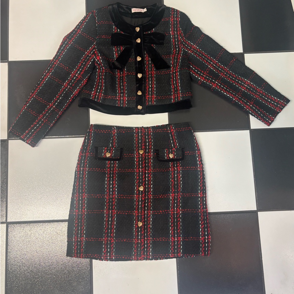 Ivy City Co Black & Red Plaid Tweed Jacket and Skirt Set - Picture 1 of 5